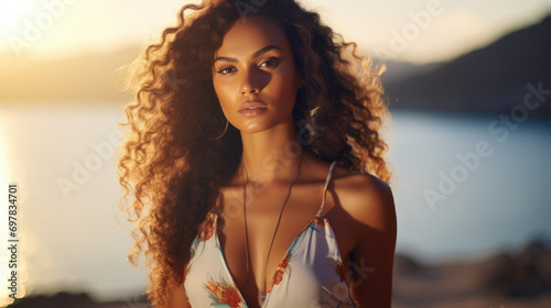 Beautiful African-American woman on the beach, soft sunlight