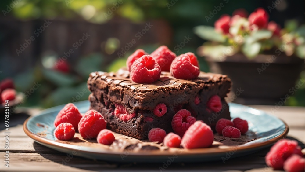 Chocolate brownie cake with raspberries in summer garden - obrazy, fototapety, plakaty 