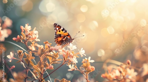 Colorful butterfly on blooming flowers, with blurred bokeh background. Pastel peach colors. Banner with copy space. Ideal for presentation, article, website related to nature, design, decoration.