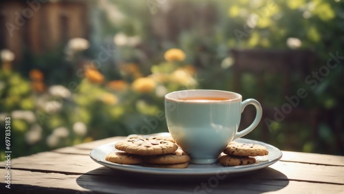 Cup of tea with cookies on a table in summer garden
