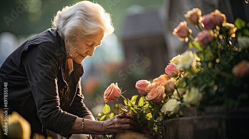 Remembrance Blooms: A Woman's Grief and Hope Captured, navigating the complex emotions of grief and hope as she holds flowers and gazes at a memorial grave stone. photo