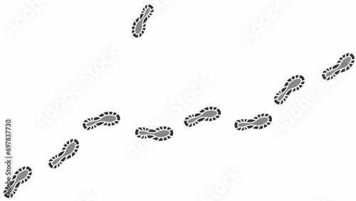 Human footprint animation. Leaving  shoes  prints on the floor from  left to right. Walk loop animation, graphic motion. Human steps footage video  on white background. 4K. Sneaker print. Video photo