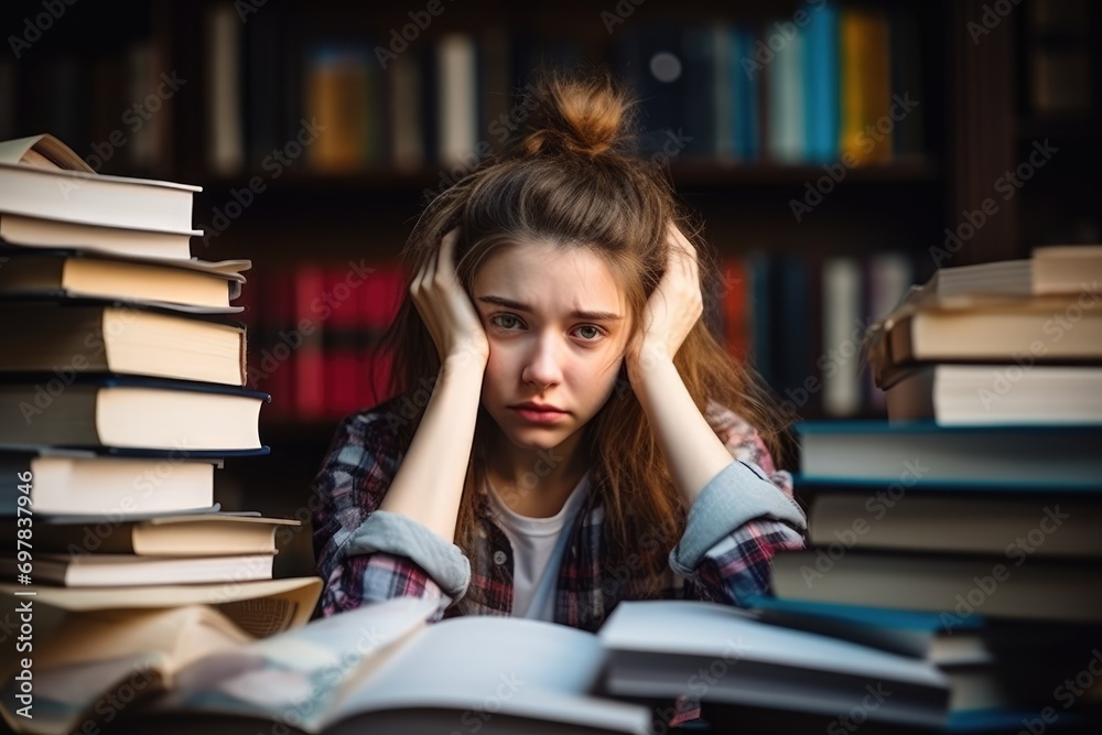 Tired student girl sits with pile of books, feeling overwhelmed by her workload, Education difficulties concept Tired student girl sits with pile of books, feeling overwhelmed by her workload, Education difficulties concept