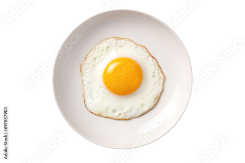 One fried egg on white plate isolated on white background, top view.