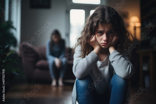 Stressed and unhappy young girl crying and trapped in middle of tension by her parent argument in living room. photo