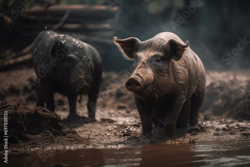A muddy pig next to a pig with African swine fever caused by ASFV virus. Generative AI photo