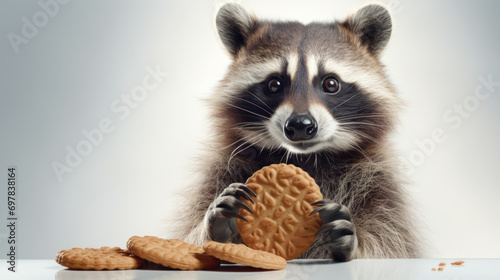 Close-up image of a raccoon holding a cookie, surrounded by more cookies. On light background. With copy space. Cute animal. Ideal for pet food advertisements or wildlife humor content. photo