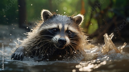 Raccoon in water, showcasing wildlife in action amidst splashes, in bright, clear setting. Suitable for wildlife photography, conservation awareness, or as study material for biology and zoology.