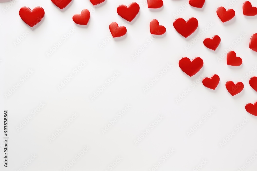 Many red hearts of different sizes on a white background