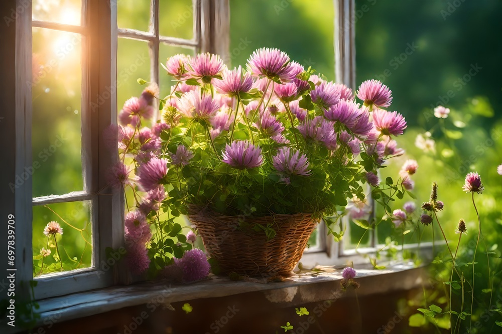  bouquet of wild clover field flowers on a summer window in sunlight outside the city on a background of green foliage of tree