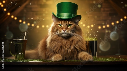 St. Patrick's day banner with mainecoon cat wearing green irish elf hat, gold coins, glitter and shamrock clover leaves.