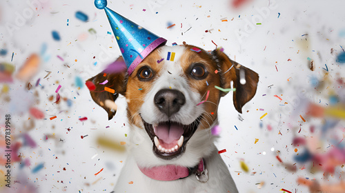 Joyful Jack Russell Terrier dog in a party hat surrounded by colorful confetti, celebrating a festive occasion. This photo has great potential for pet-related businesses, greeting cards