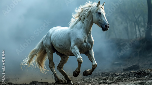 White horse with long mane running in foggy forest. Side view. Beautiful white stallion running in the smoke on a background of blue sky 