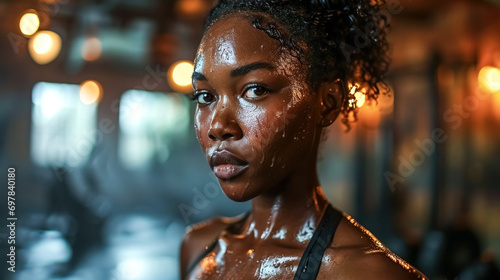 Close-up portrait of beautiful young woman with wet hair and sweat, lifting dumbbells in the gym 