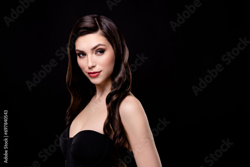 Photo of stunning pretty gorgeous lady look empty space flirty flirt rich wealthy guy on black private party