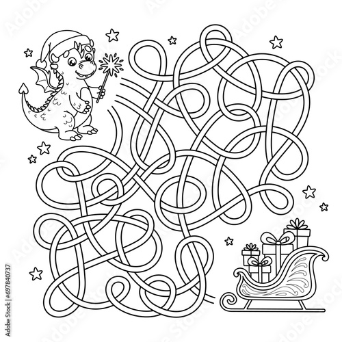 Outline maze educational game for children. Kids Labyrinth puzzle. Help cute Dragon with a sparkler in paws and in hat of Santa find way to sleigh with gifts. Vector animal of Chinese New Year 2024.