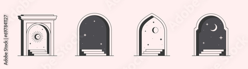 Vector mystic logo design templates with portals,steps,sun,stars,crescent moon.Surreal abstract illustrations with moroccan arch.Magical emblem in oriental style.Branding design templates.