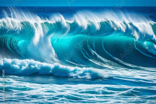 Beautiful big waves of the ocean or the sea in the summer bright blue, azure and turquoise colors in the early morning in sun light on a pure blue sky. Beautiful combs white sea foam