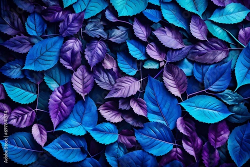 Texture natural leaves in blue and purple tones close-up. Nature background photo