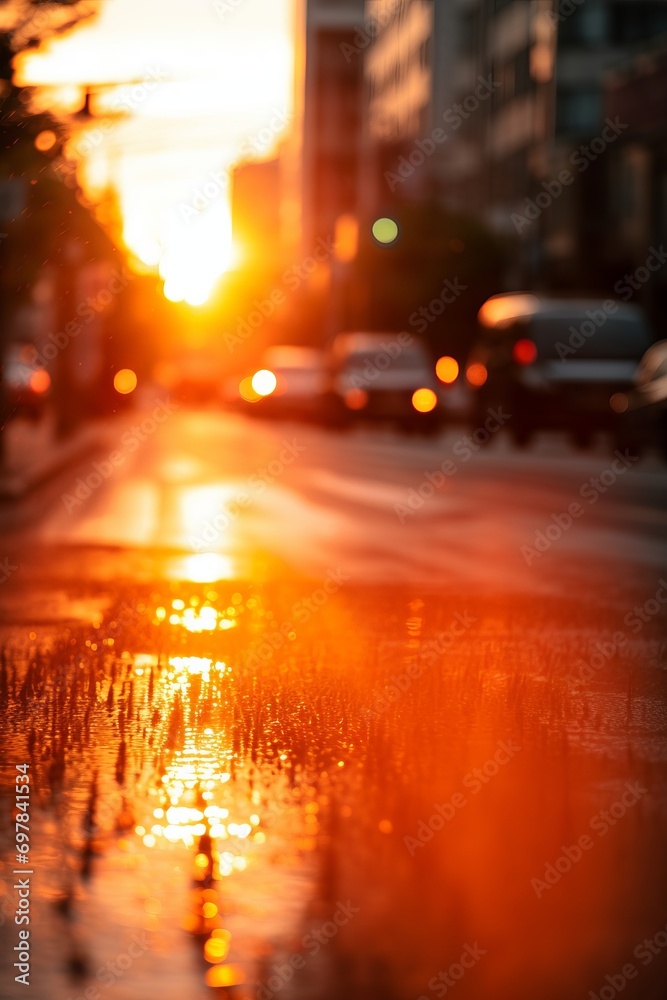 Rainy day on a city street at sunset. Blurred background