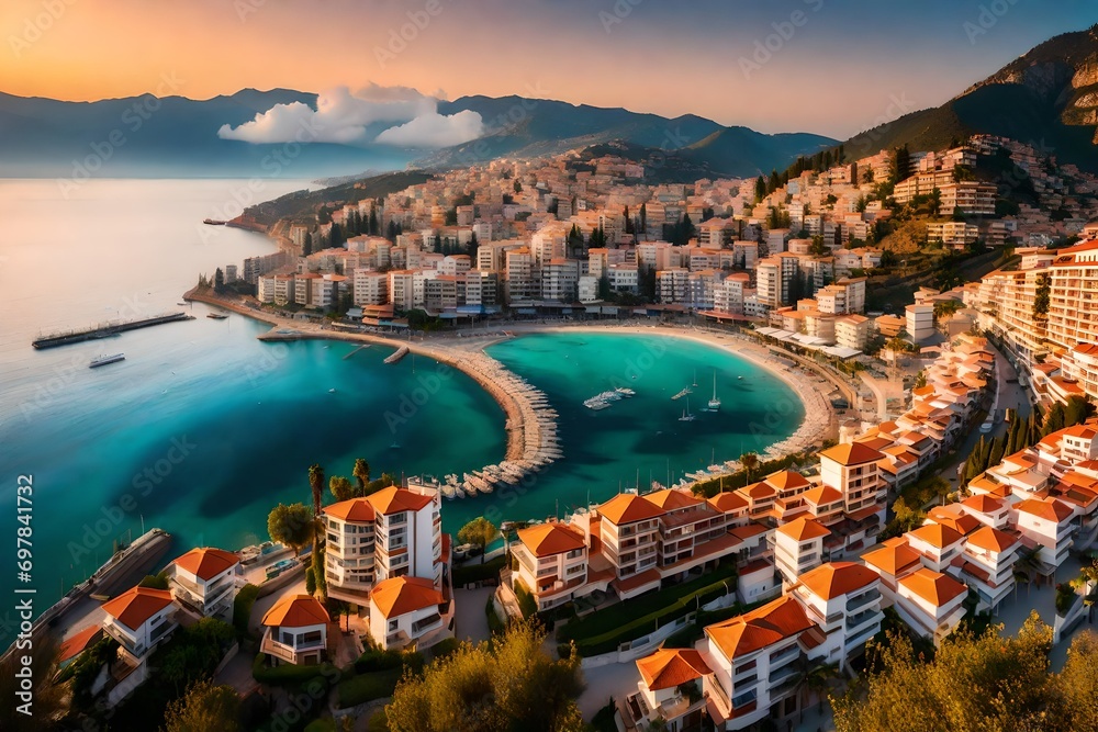 Panoramic landscape - Alanya Turkey resort town in cool morning light at sunrise top view. Beautiful natural panorama of city, mountains and sky with clouds in morning ligh