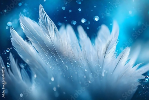 A drop of water dew on a fluffy feather close-up macro with sparkling bokeh on blue blurred background. Abstract romantic delicate magical artistic image for the holiday, cards, christmas, new year photo