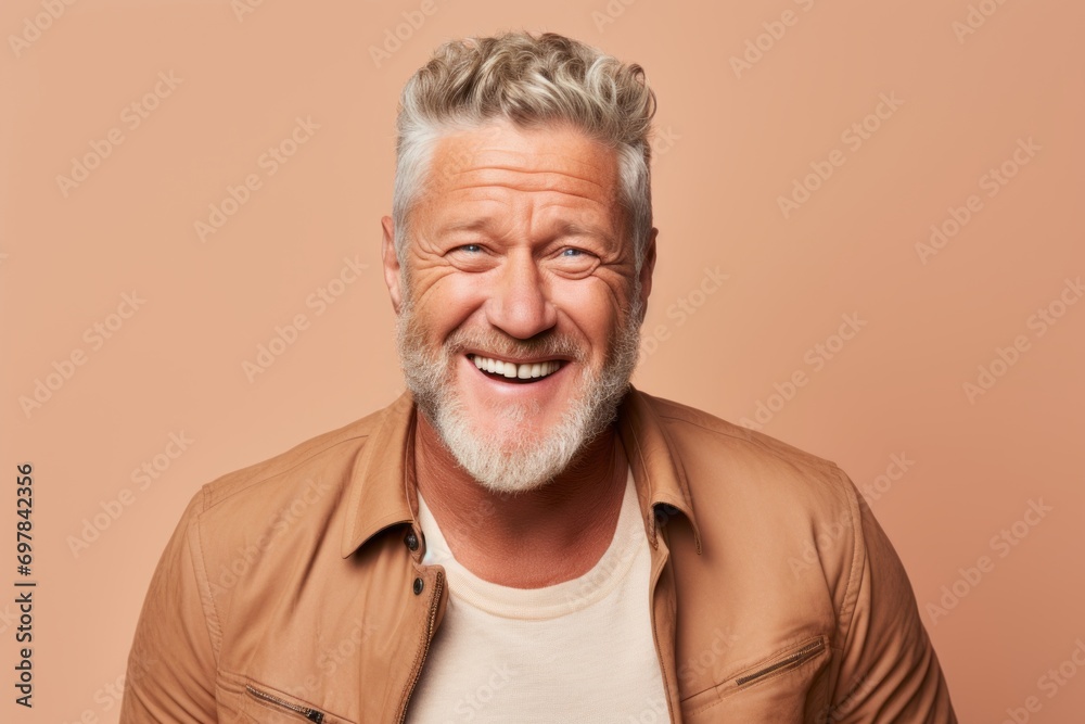 Portrait of a happy senior man with gray hair and beard laughing and looking at the camera on a brown background Portrait of a happy senior man with gray hair and beard laughing and looking at the camera on a brown background
