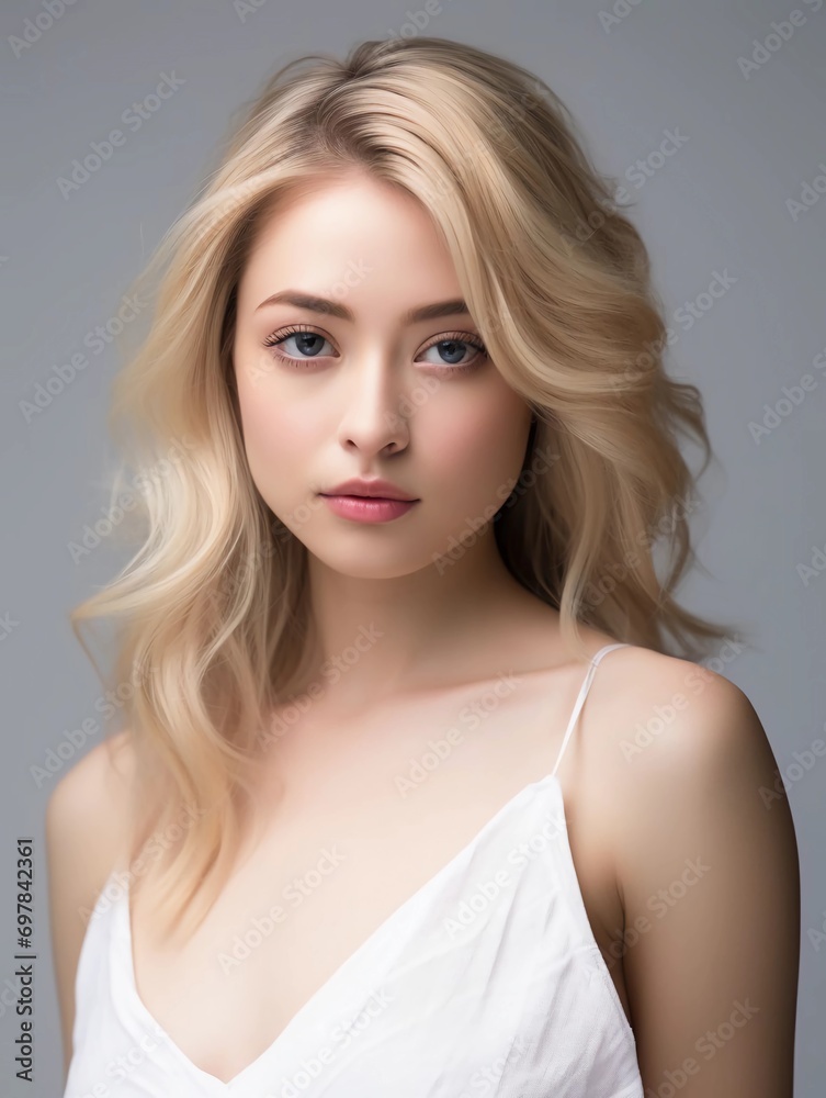 Close up of beautiful Japanese woman in feminine dress with blonde hair, isolated background, AI Generative Close up of beautiful Japanese woman in feminine dress with blonde hair, isolated background, AI Generative