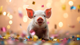 An adorable piglet peering curiously amidst a shower of festive confetti. Image has strong appeal for marketing campaigns around festivities. It can be used for greeting cards, for the Lunar New Year