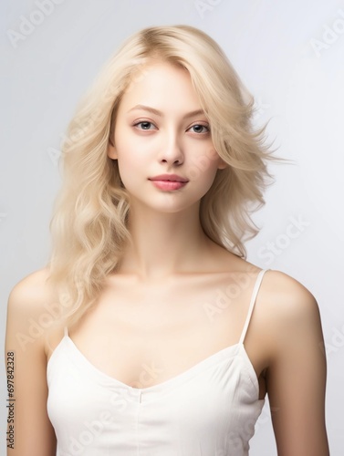 Close up of beautiful Japanese woman in feminine dress with blonde hair  isolated white background  AI Generative