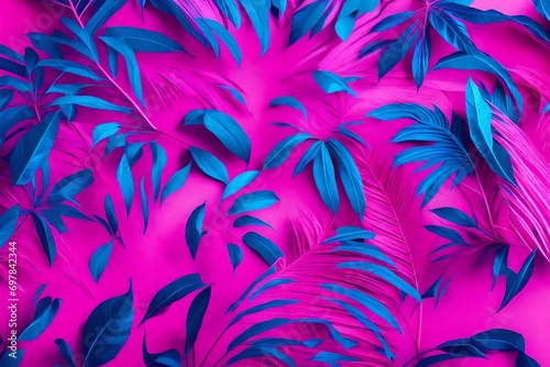 Tropical leaves in neon pink blue lighting . Minimalistic background concept art