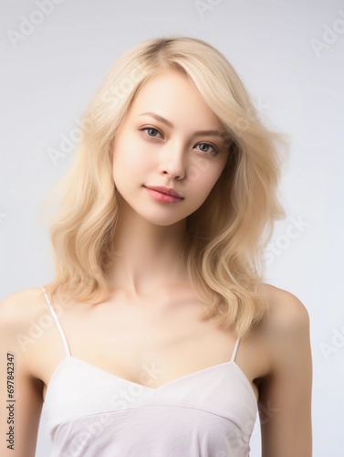 Close up of beautiful Japanese woman in feminine dress with blonde hair, isolated white background, AI Generative