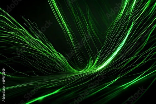 3d render, abstract wallpaper. Green neon lines over black background. Streaming energy. Particles moving
