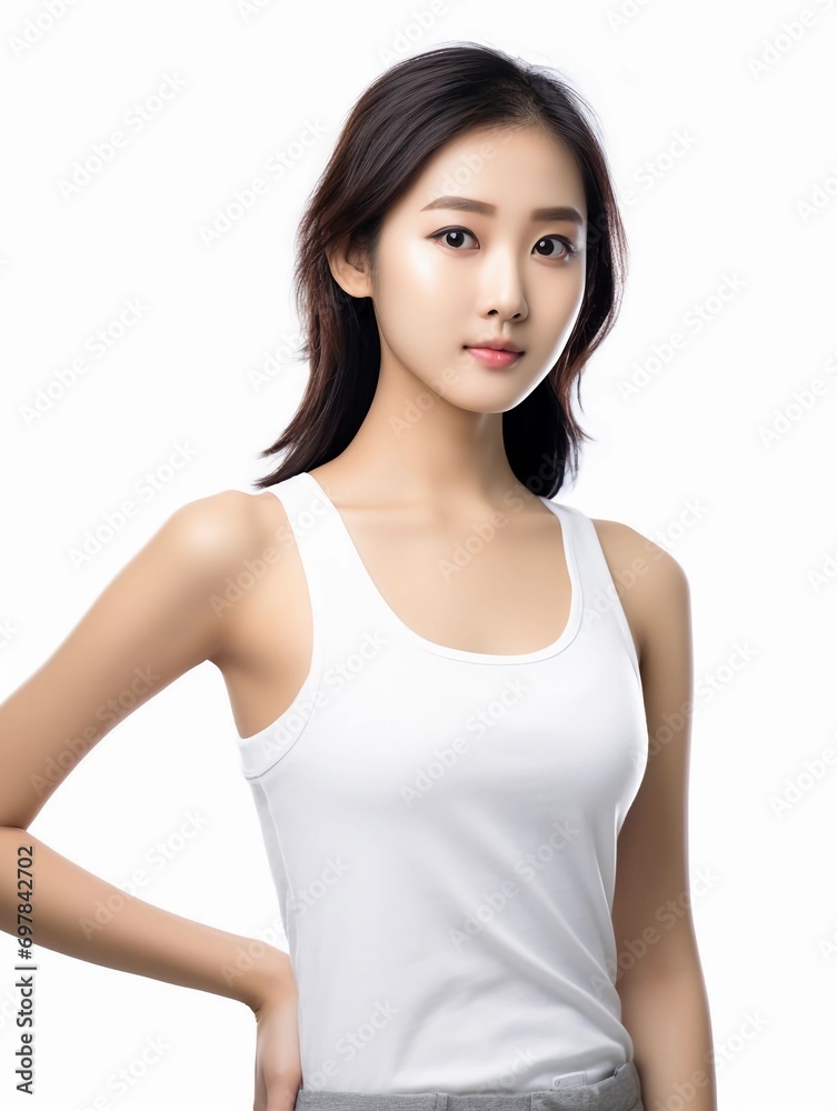 Portrait of young Asian female beauty model wearing tank top with clean white skin, studio photo, isolated white background, AI Generative Portrait of young Asian female beauty model wearing tank top with clean white skin, studio photo, isolated white background, AI Generative