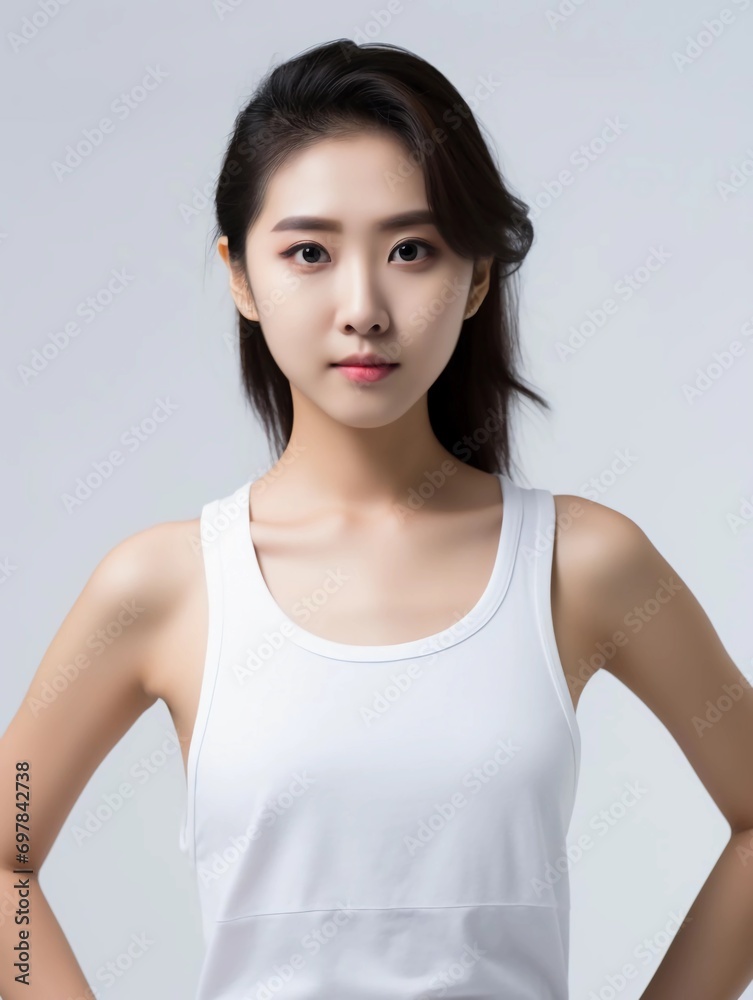 Portrait of young Asian female beauty model wearing tank top with clean white skin, studio photo, isolated white background, AI Generative Portrait of young Asian female beauty model wearing tank top with clean white skin, studio photo, isolated white background, AI Generative