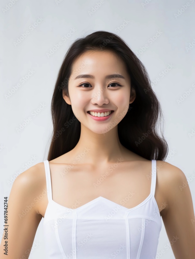 Portrait of young Asian female beauty model wearing tank top with clean white skin, studio photo, isolated white background, AI Generative Portrait of young Asian female beauty model wearing tank top with clean white skin, studio photo, isolated white background, AI Generative