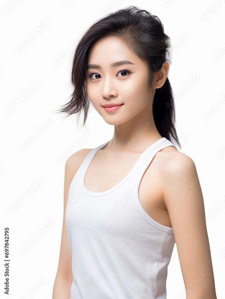 Portrait of young Asian female beauty model wearing tank top with clean white skin, studio photo, isolated white background, AI Generative Portrait of young Asian female beauty model wearing tank top with clean white skin, studio photo, isolated white background, AI Generative