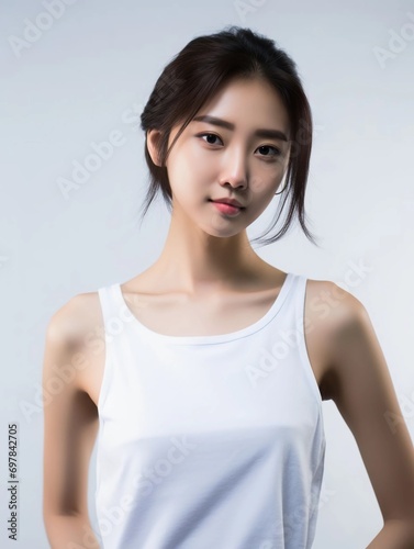 Portrait of young Asian female beauty model wearing tank top with clean white skin, studio photo, isolated white background, AI Generative © Ahmad 