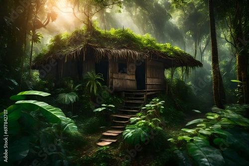 Lush green vegetation in jungle in morning sunlight. Dense tropical forest. Abandoned hut in jungle photo