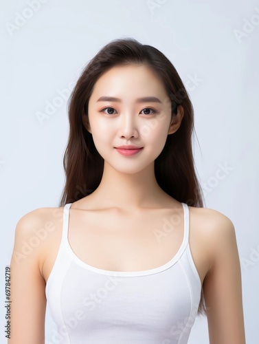 Portrait of young Asian female beauty model wearing tank top with clean white skin, studio photo, isolated white background, AI Generative