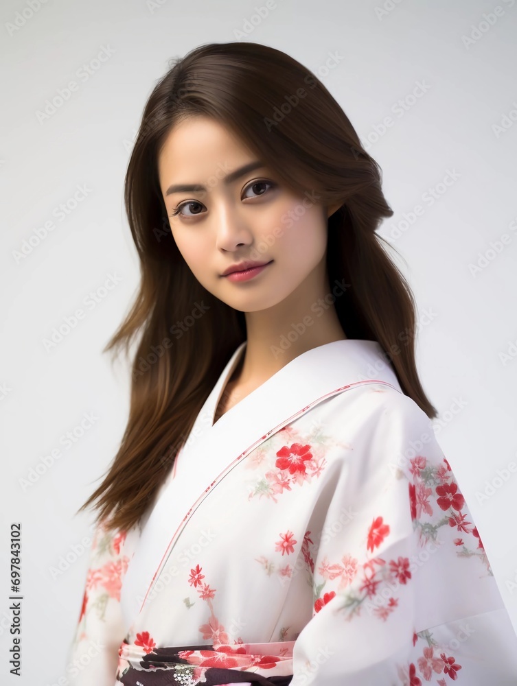 Portrait of a young Japanese female model wearing a kimono posing gracefully, isolated white background, AI generative Portrait of a young Japanese female model wearing a kimono posing gracefully, isolated white background, AI generative