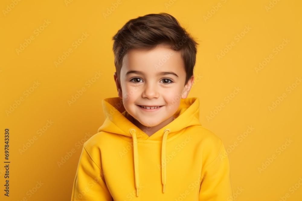 childhood, fashion and people concept - smiling little boy in yellow hoodie over yellow background childhood, fashion and people concept - smiling little boy in yellow hoodie over yellow background