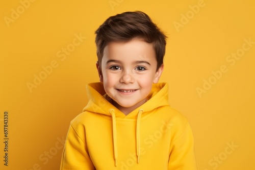 childhood, fashion and people concept - smiling little boy in yellow hoodie over yellow background © Iigo