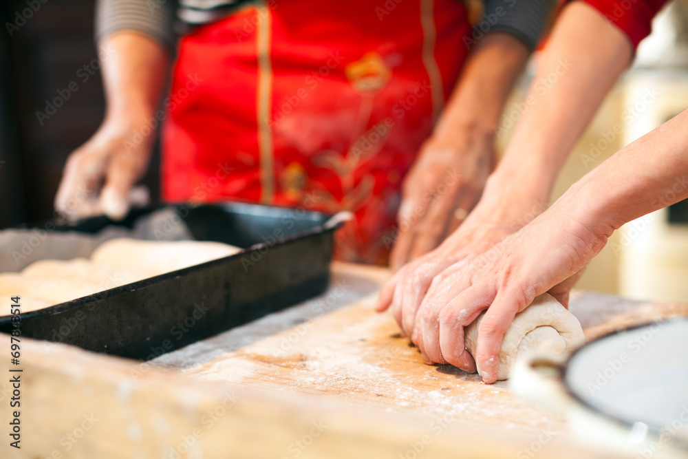 Adult Women Hands Preparing Dough for Bread at Home - Teaching and Learning Concept Adult Women Hands Preparing Dough for Bread at Home - Teaching and Learning Concept