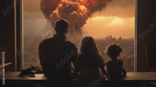Family sitting by the window looking at the nuclear explosion. Apocalypse in the city. World war. AI Generated photo