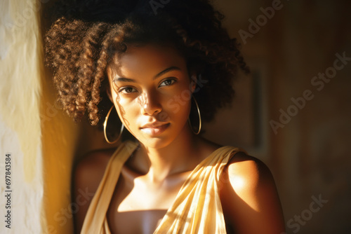 headshot of beautiful african american poc-woman with dark skin in a warm sunlit setting with neutral background  in magazine fashion beauty editorial portra film look photo