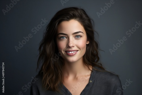 Portrait of a beautiful smiling young woman, isolated on gray background