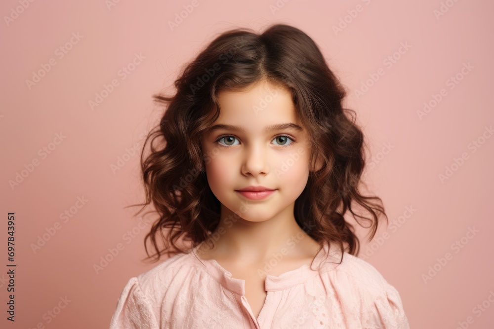 Portrait of a cute little girl with long curly hair on a pink background Portrait of a cute little girl with long curly hair on a pink background