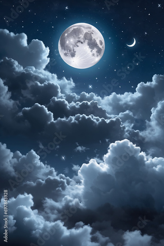 stars, moon, wispy, clouds, fluffy clouds, night, sky, dreamland, dream, blue tones, grey, peaceful, happy, nice, happy, harmonious, picturesque, lovely