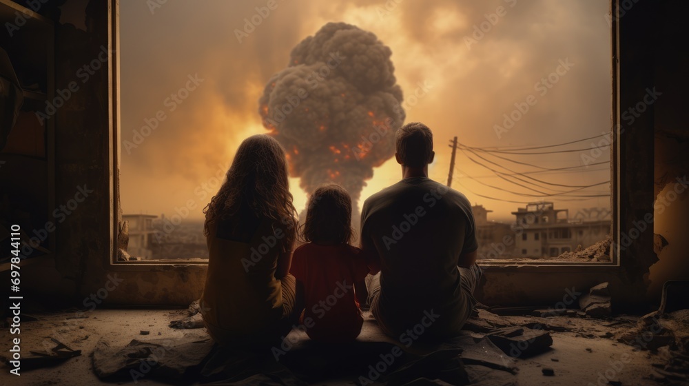 Nuclear explosion. Family sitting by the window with their backs turned. Apocalypse in the city. World war. AI Generated